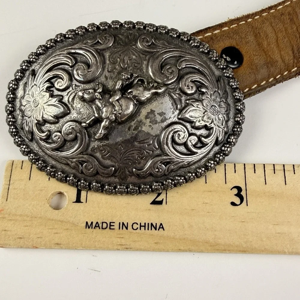 Nocona Kids Western Leather Belt Rodeo Buckle Bull Rider Brown Vintage